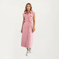 Button Front Denim Maxi Dress with Adjustable Waist Tie Structured Collar Detail and Front Slit Accent