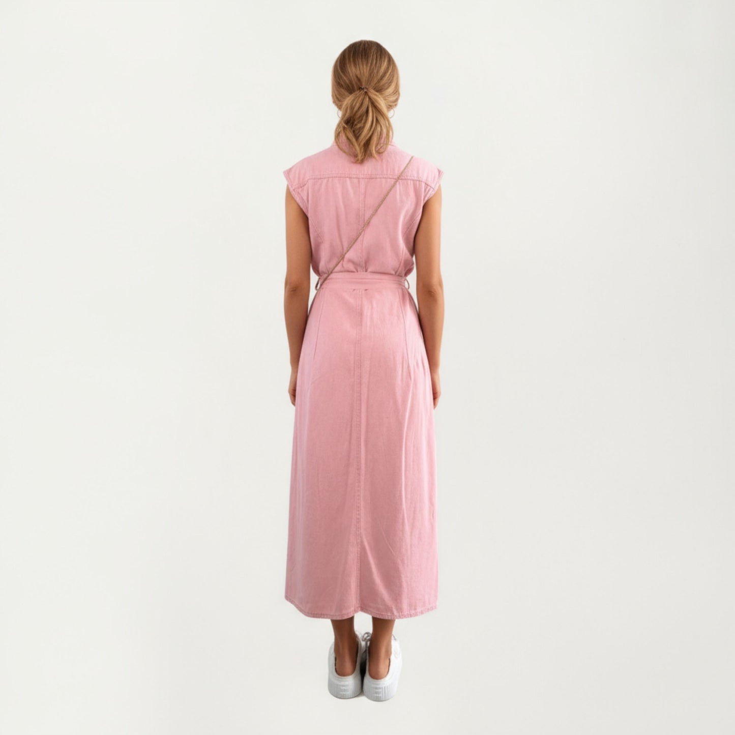 Button Front Denim Maxi Dress with Adjustable Waist Tie Structured Collar Detail and Front Slit Accent