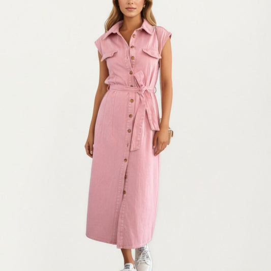 Button Front Denim Maxi Dress with Adjustable Waist Tie Structured Collar Detail and Front Slit Accent