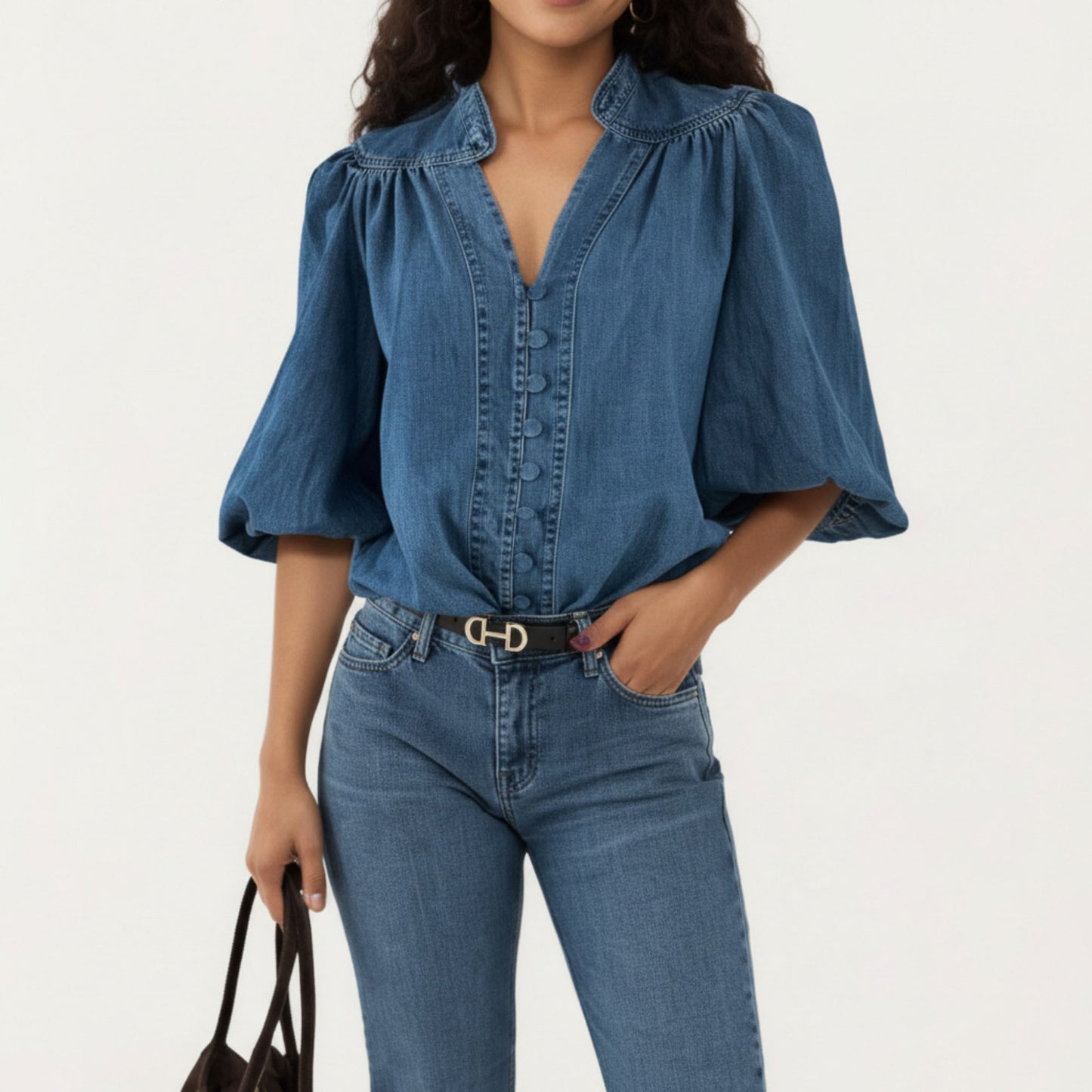 Denim Button Front Top with Puff Elbow Sleeves Structured Collar Detail Woven Fabric and Relaxed Silhouette