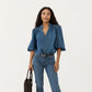 Denim Button Front Top with Puff Elbow Sleeves Structured Collar Detail Woven Fabric and Relaxed Silhouette
