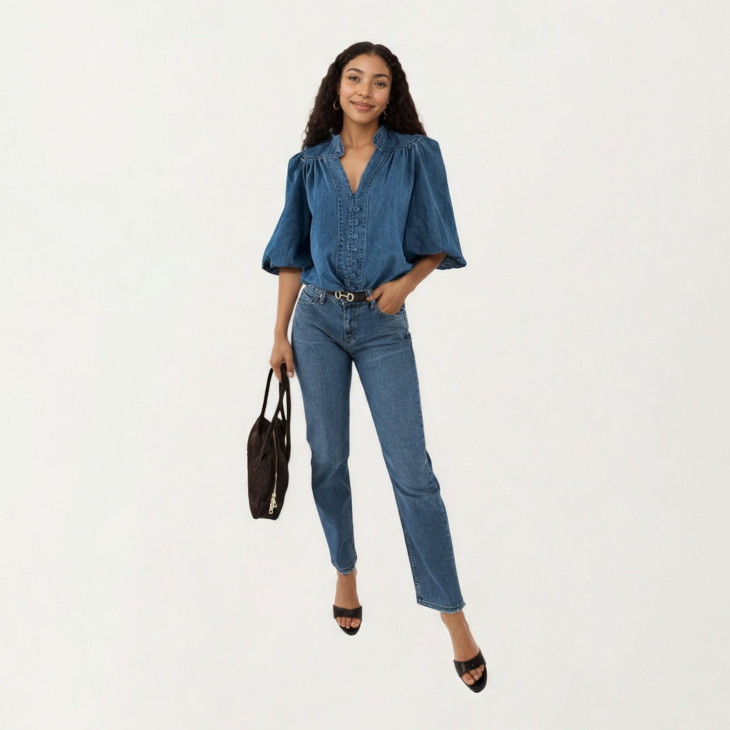 Denim Button Front Top with Puff Elbow Sleeves Structured Collar Detail Woven Fabric and Relaxed Silhouette