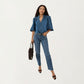 Denim Button Front Top with Puff Elbow Sleeves Structured Collar Detail Woven Fabric and Relaxed Silhouette