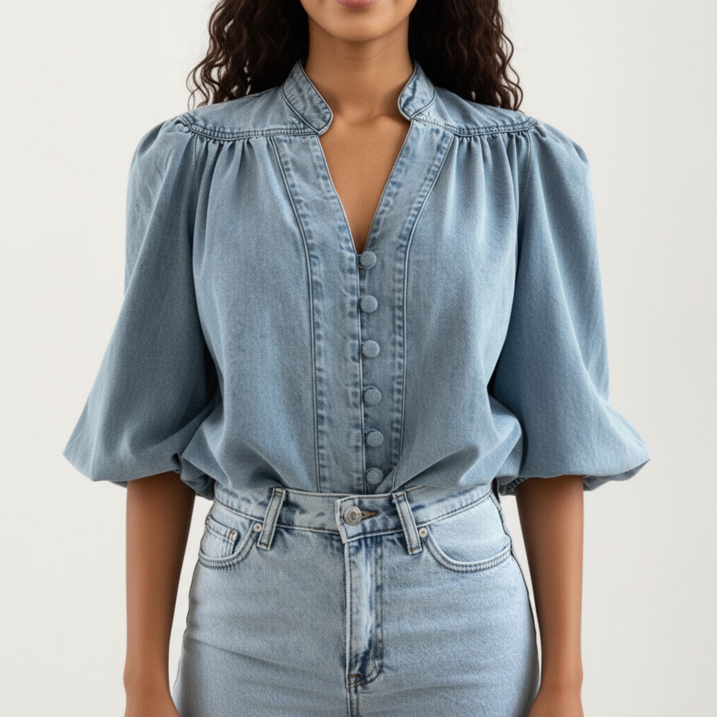 Denim Button Front Top with Puff Elbow Sleeves Structured Collar Detail Woven Fabric and Relaxed Silhouette