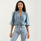 Denim Button Front Top with Puff Elbow Sleeves Structured Collar Detail Woven Fabric and Relaxed Silhouette