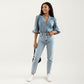 Denim Button Front Top with Puff Elbow Sleeves Structured Collar Detail Woven Fabric and Relaxed Silhouette