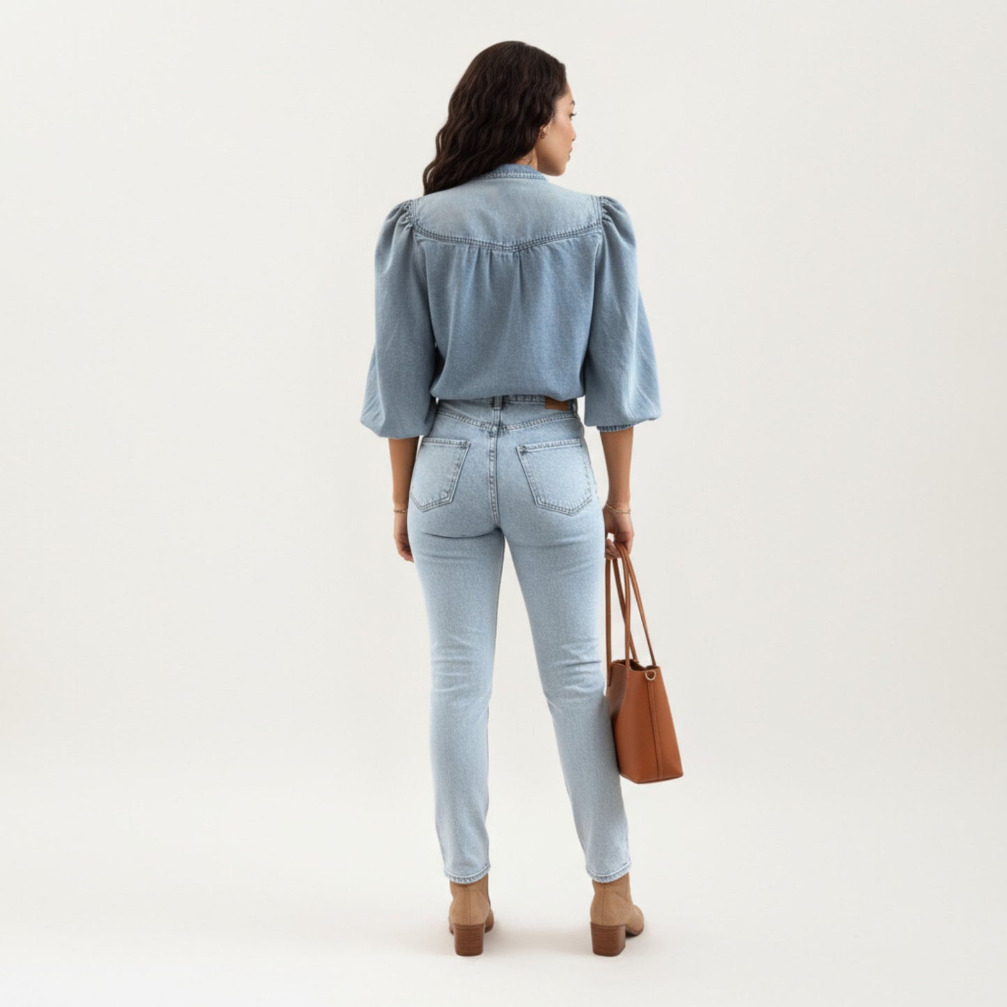 Denim Button Front Top with Puff Elbow Sleeves Structured Collar Detail Woven Fabric and Relaxed Silhouette