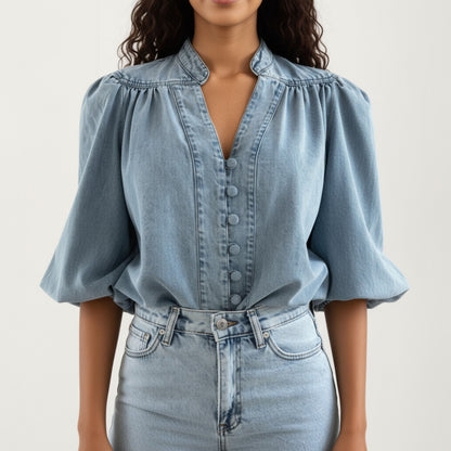 Denim Button Front Top with Puff Elbow Sleeves Structured Collar Detail Woven Fabric and Relaxed Silhouette