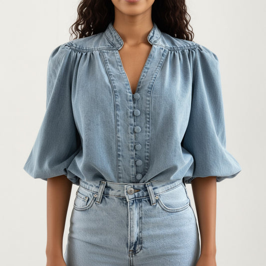 Denim Button Front Top with Puff Elbow Sleeves Structured Collar Detail Woven Fabric and Relaxed Silhouette