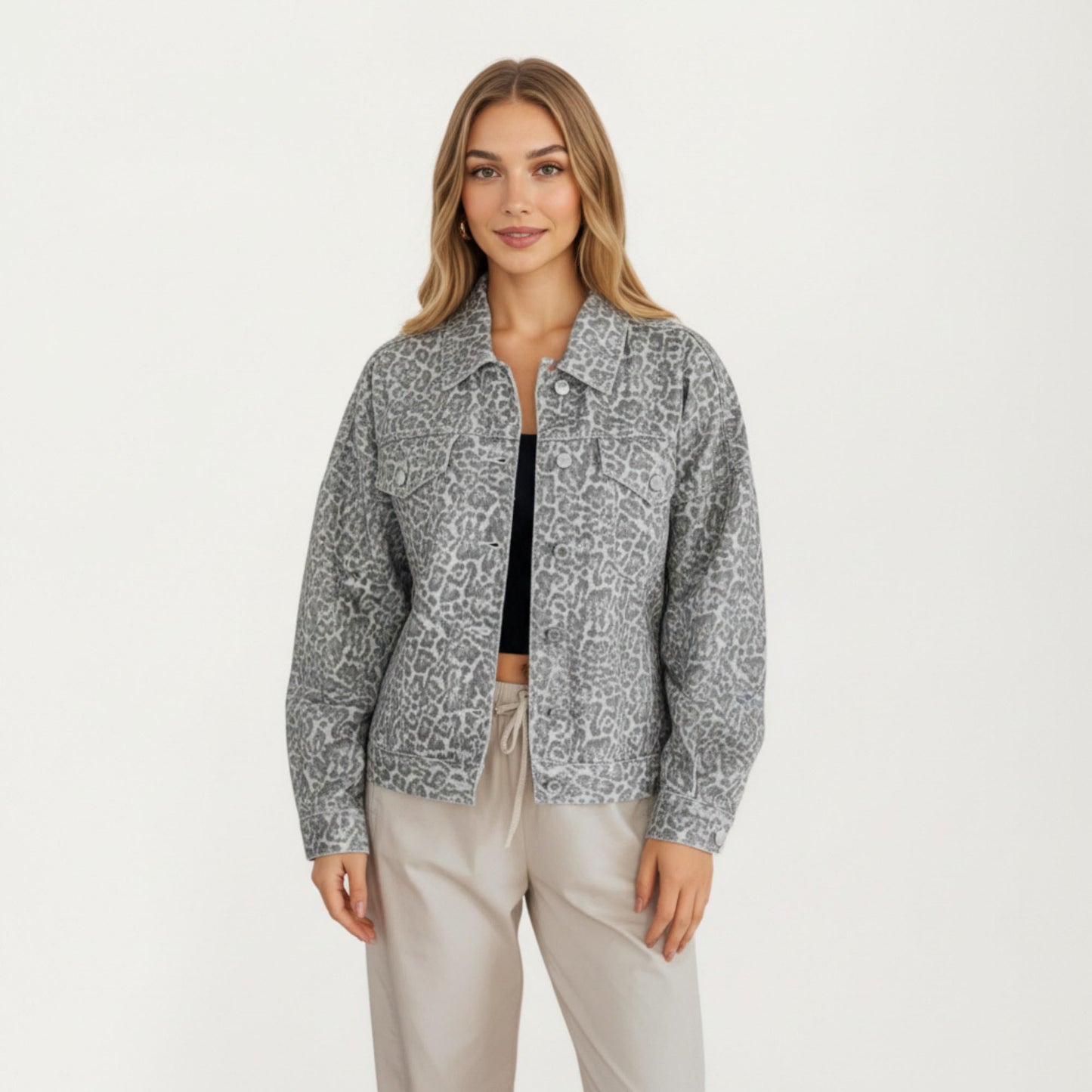 Leopard Print Button Front Jacket with Soft Woven Fabric Chest Flap Pockets Long Sleeves