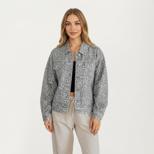 Leopard Print Button Front Jacket with Soft Woven Fabric Chest Flap Pockets Long Sleeves