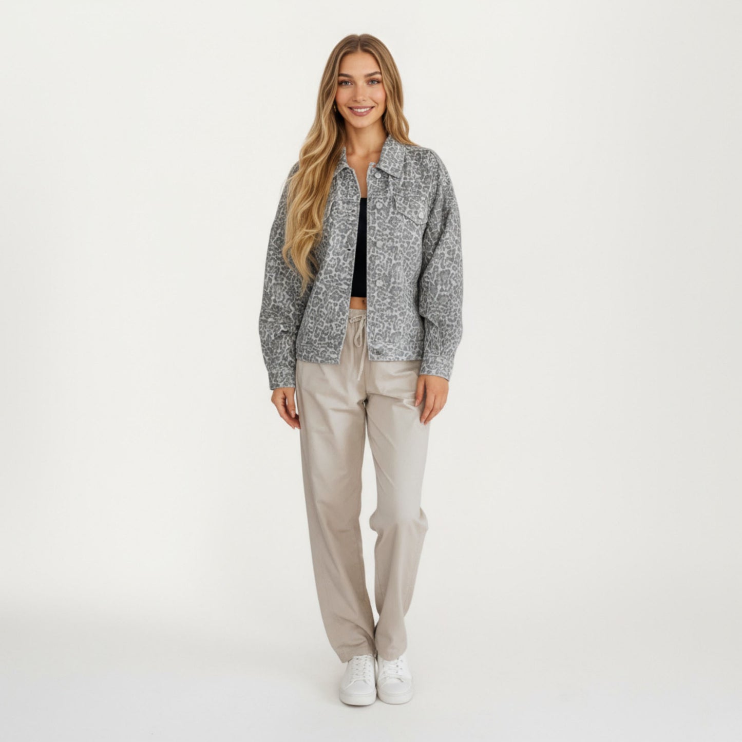 Leopard Print Button Front Jacket with Soft Woven Fabric Chest Flap Pockets Long Sleeves