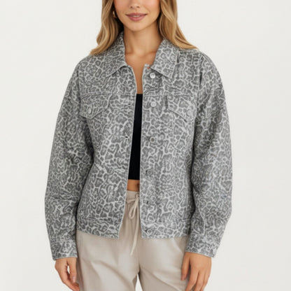 Leopard Print Button Front Jacket with Soft Woven Fabric Chest Flap Pockets Long Sleeves