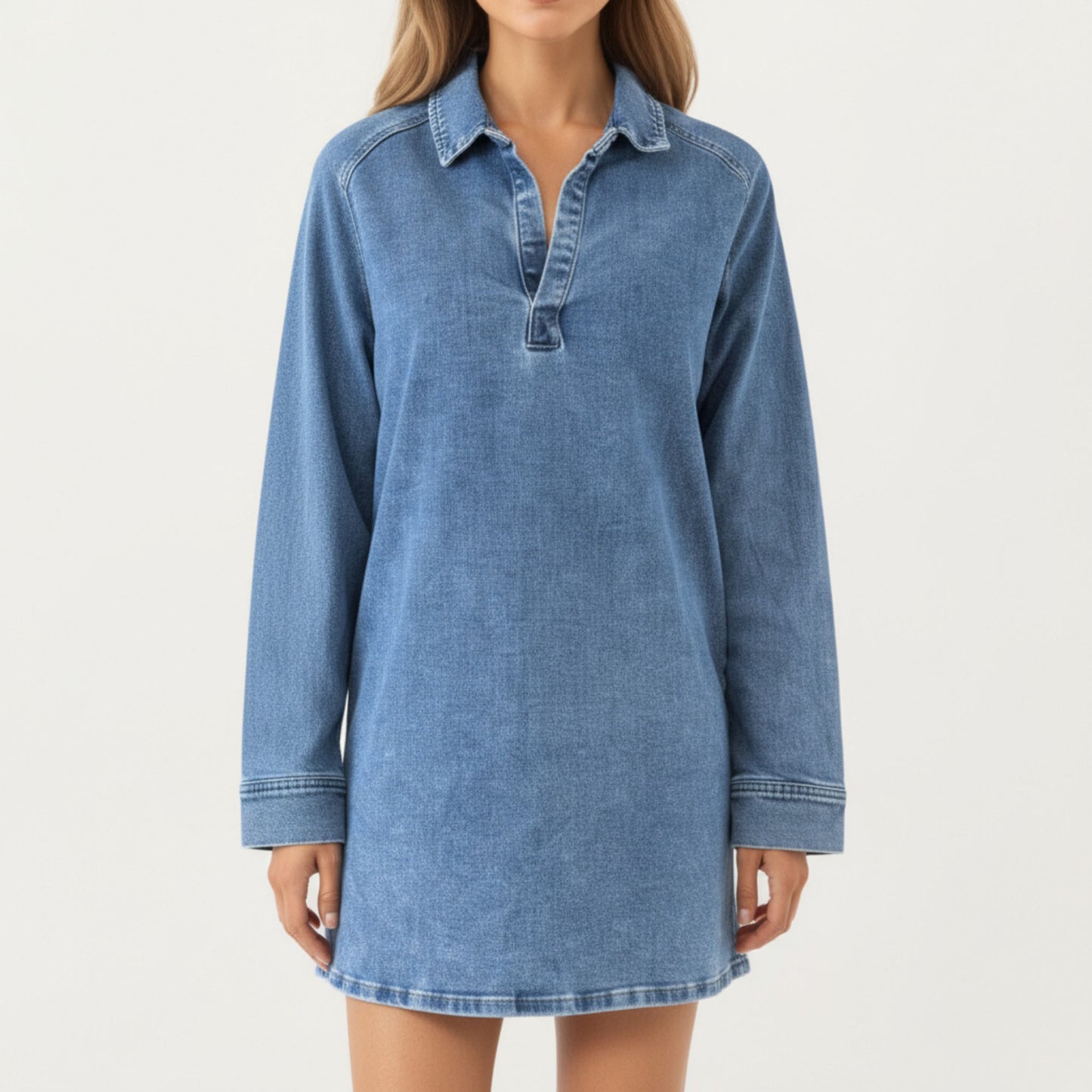 Pullover Denim Tunic Dress with Soft Woven Fabric Split Neckline Long Sleeves and Relaxed Straight Silhouette