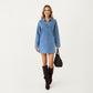 Pullover Denim Tunic Dress with Soft Woven Fabric Split Neckline Long Sleeves and Relaxed Straight Silhouette