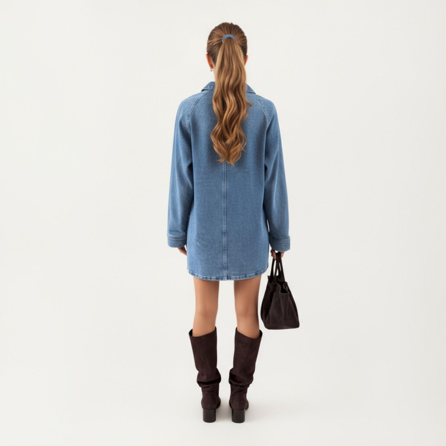 Pullover Denim Tunic Dress with Soft Woven Fabric Split Neckline Long Sleeves and Relaxed Straight Silhouette