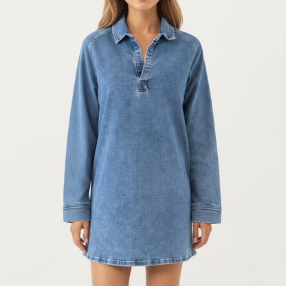 Pullover Denim Tunic Dress with Soft Woven Fabric Split Neckline Long Sleeves and Relaxed Straight Silhouette