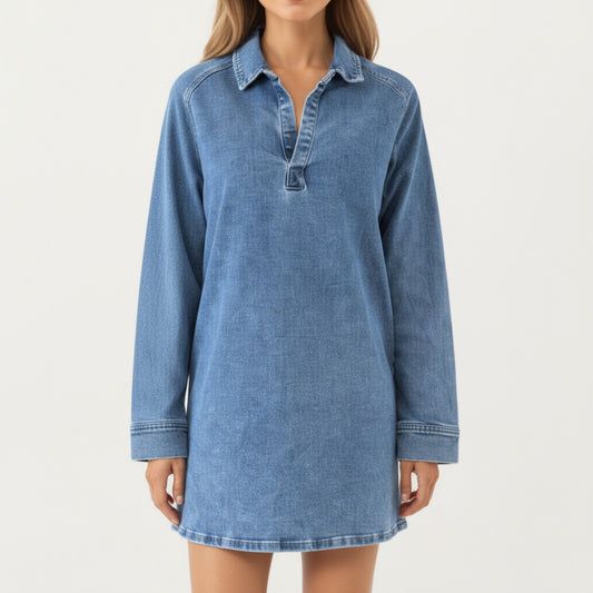 Pullover Denim Tunic Dress with Soft Woven Fabric Split Neckline Long Sleeves and Relaxed Straight Silhouette
