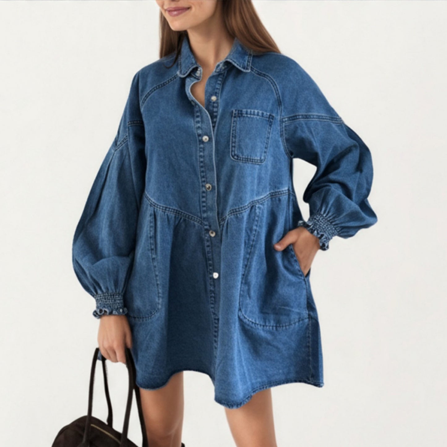Button Front Denim Shirt Dress with Soft Woven Fabric Balloon Sleeves Front Patch Pockets