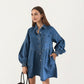 Button Front Denim Shirt Dress with Soft Woven Fabric Balloon Sleeves Front Patch Pockets