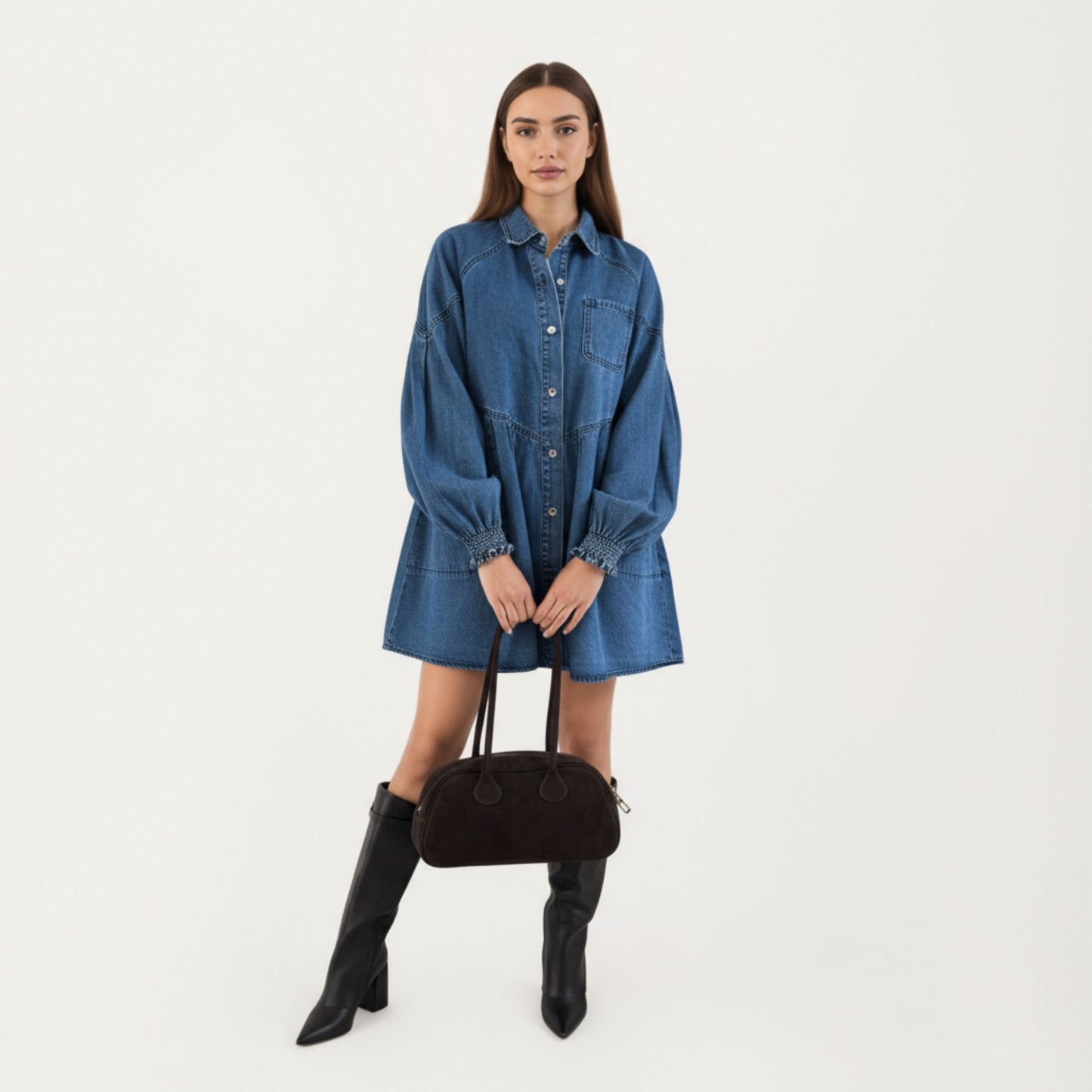 Button Front Denim Shirt Dress with Soft Woven Fabric Balloon Sleeves Front Patch Pockets