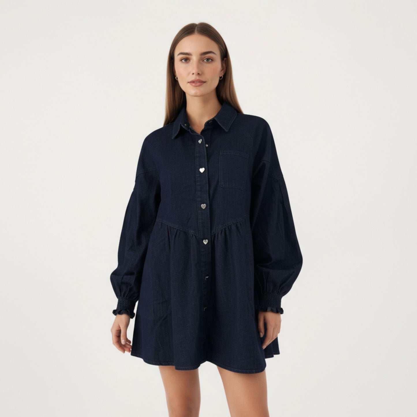 Button Front Denim Shirt Dress with Soft Woven Fabric Balloon Sleeves Front Patch Pockets