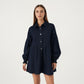 Button Front Denim Shirt Dress with Soft Woven Fabric Balloon Sleeves Front Patch Pockets