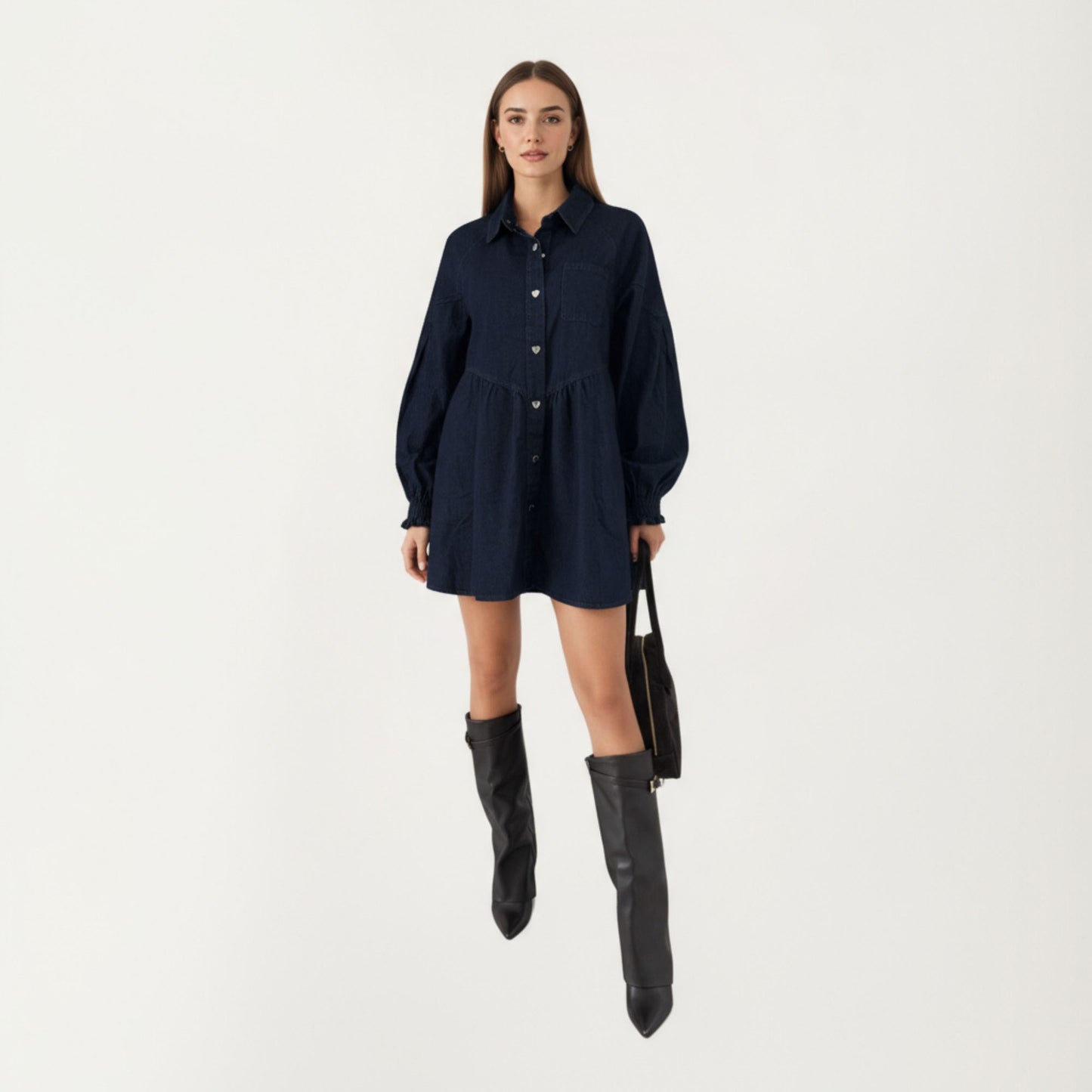 Button Front Denim Shirt Dress with Soft Woven Fabric Balloon Sleeves Front Patch Pockets