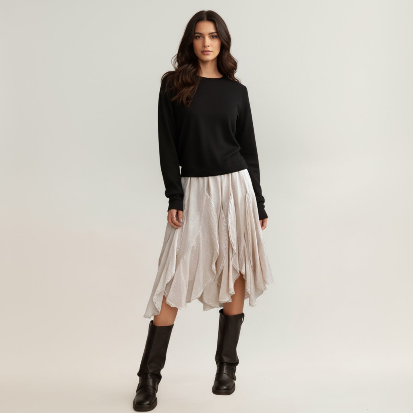 Layered Handkerchief Hem Midi Skirt with Soft Flowing Panels and Textured Draped Design for an Effortlessly Styled Look