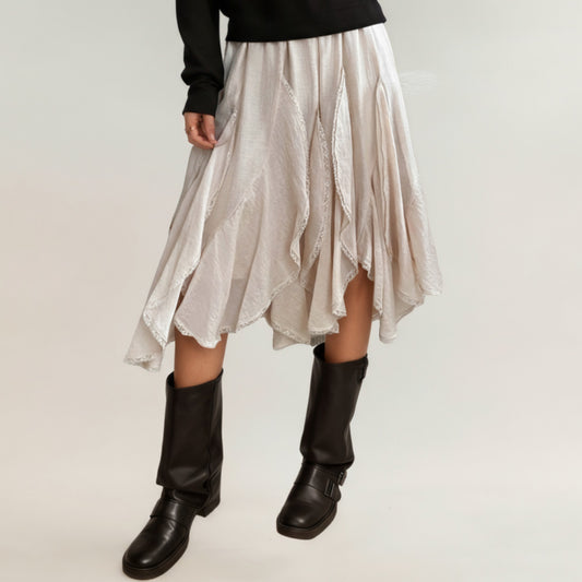 Layered Handkerchief Hem Midi Skirt with Soft Flowing Panels and Textured Draped Design for an Effortlessly Styled Look