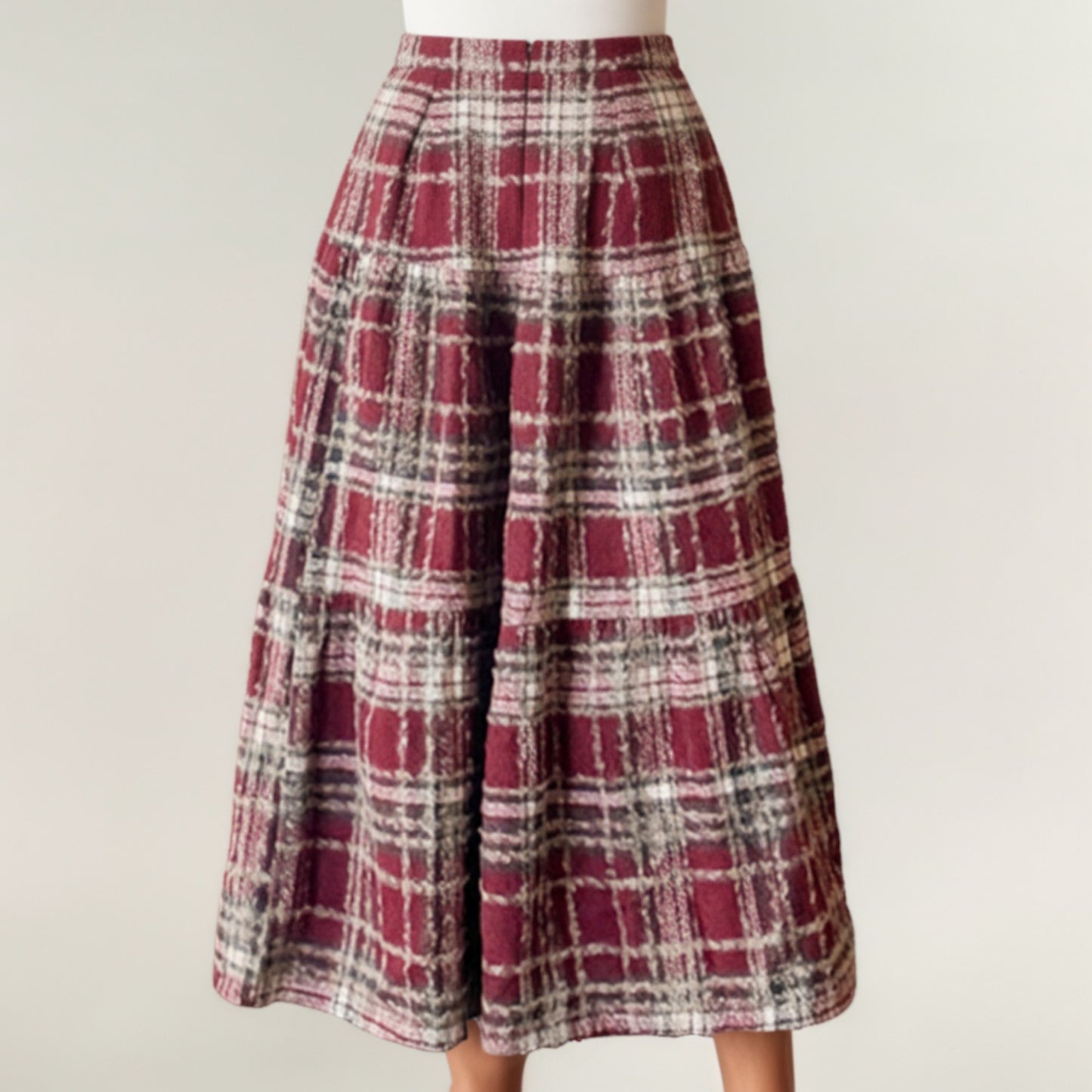 High Waist Plaid Midi Skirt with Soft Textured Fabric and Tiered A-Line Silhouette