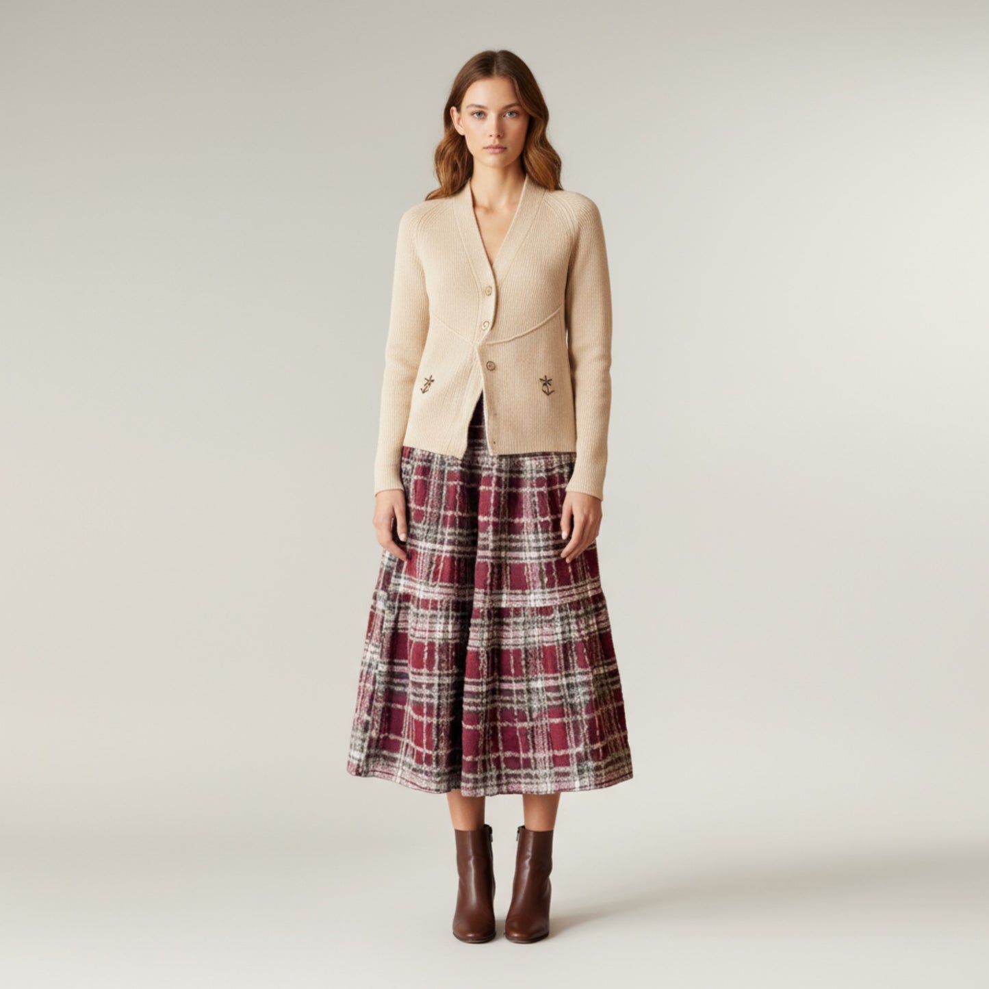 High Waist Plaid Midi Skirt with Soft Textured Fabric and Tiered A-Line Silhouette