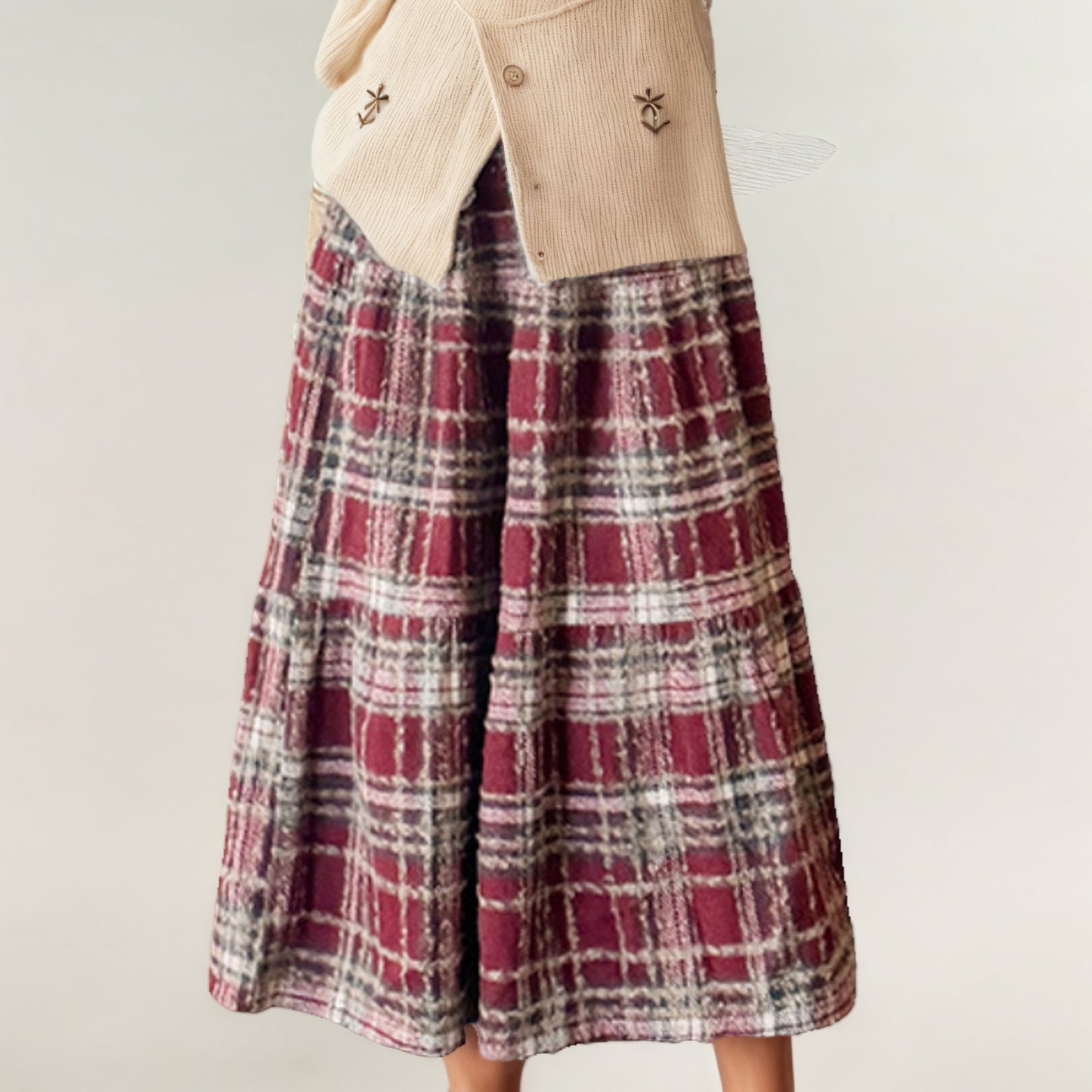 High Waist Plaid Midi Skirt with Soft Textured Fabric and Tiered A-Line Silhouette