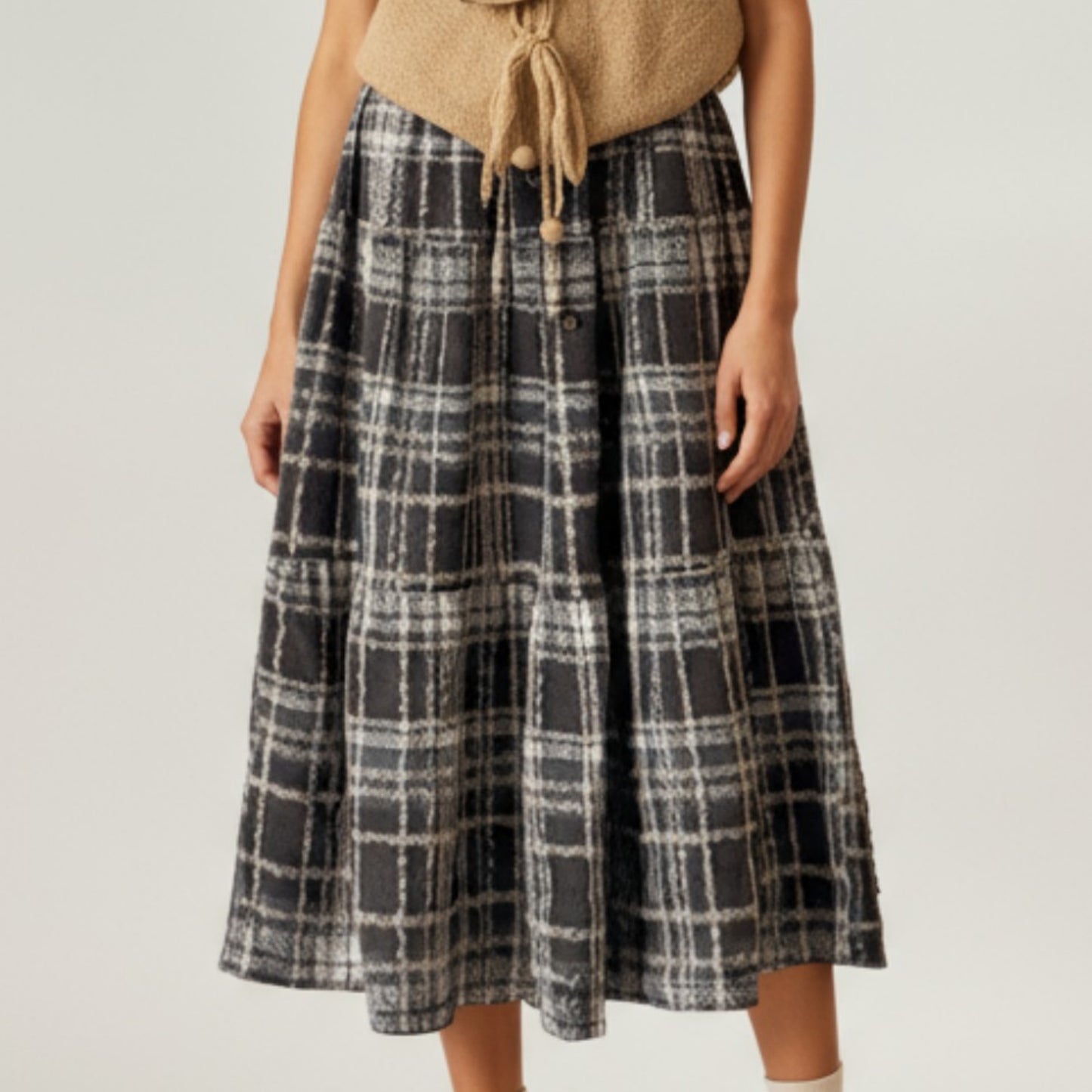 High Waist Plaid Midi Skirt with Soft Textured Fabric and Tiered A-Line Silhouette
