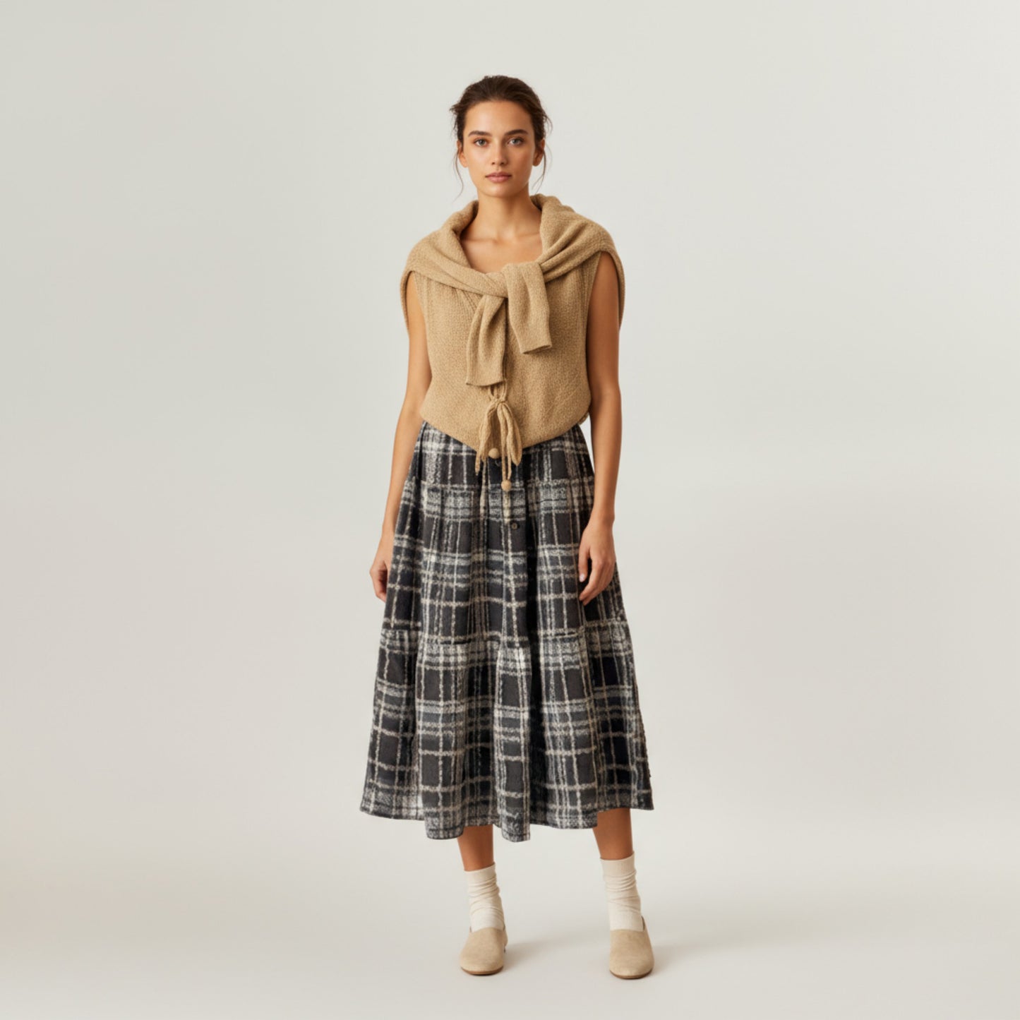 High Waist Plaid Midi Skirt with Soft Textured Fabric and Tiered A-Line Silhouette