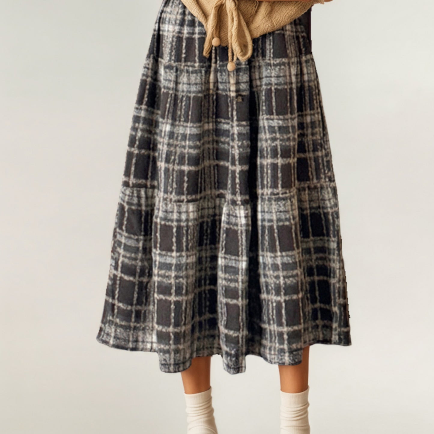 High Waist Plaid Midi Skirt with Soft Textured Fabric and Tiered A-Line Silhouette