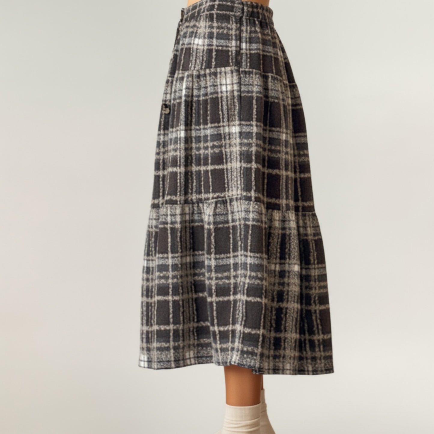High Waist Plaid Midi Skirt with Soft Textured Fabric and Tiered A-Line Silhouette