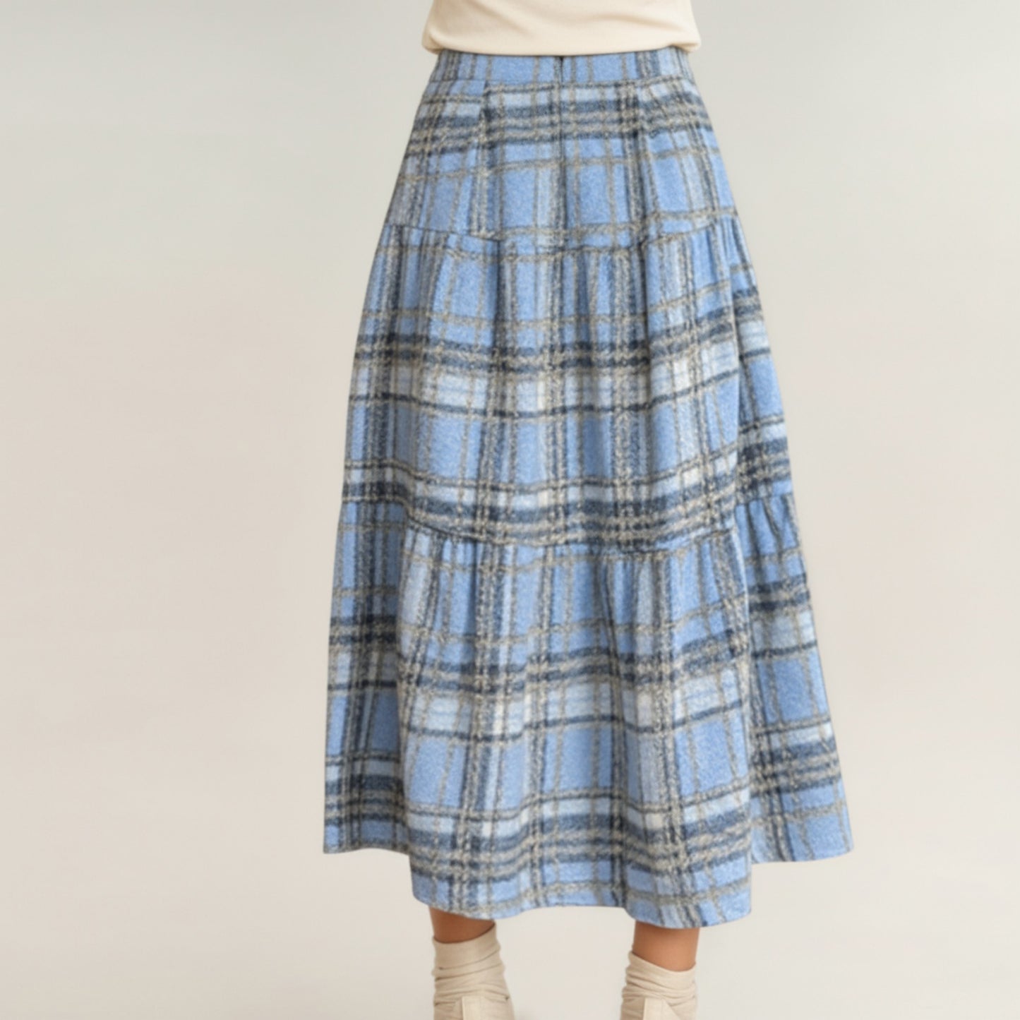 High Waist Plaid Midi Skirt with Soft Textured Fabric and Tiered A-Line Silhouette