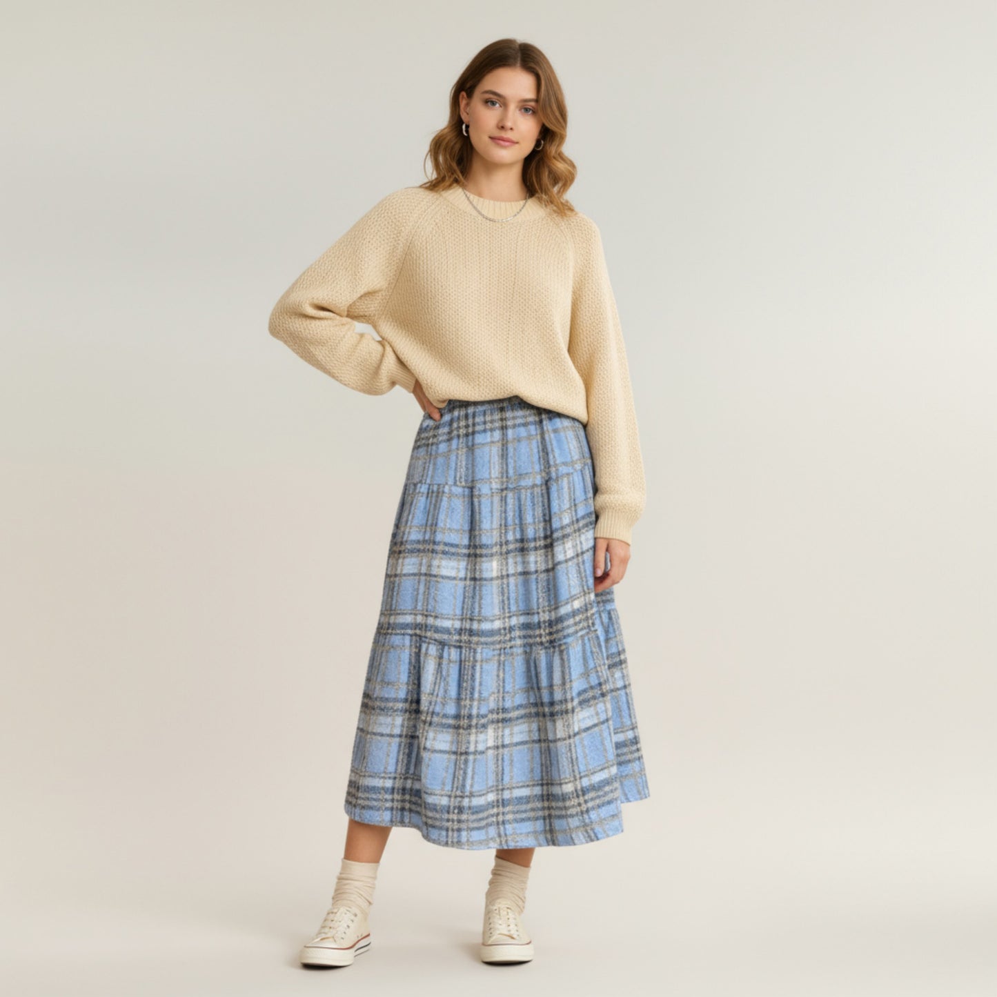 High Waist Plaid Midi Skirt with Soft Textured Fabric and Tiered A-Line Silhouette