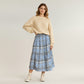 High Waist Plaid Midi Skirt with Soft Textured Fabric and Tiered A-Line Silhouette