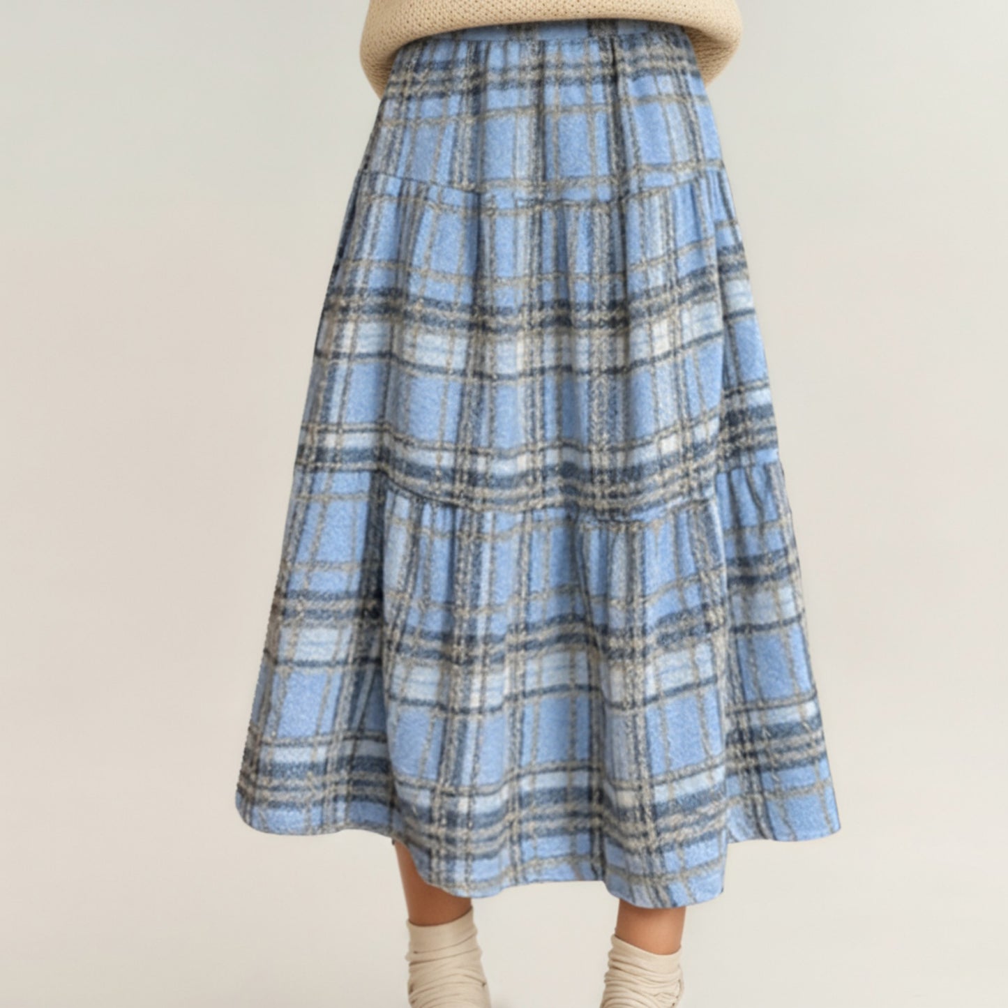 High Waist Plaid Midi Skirt with Soft Textured Fabric and Tiered A-Line Silhouette