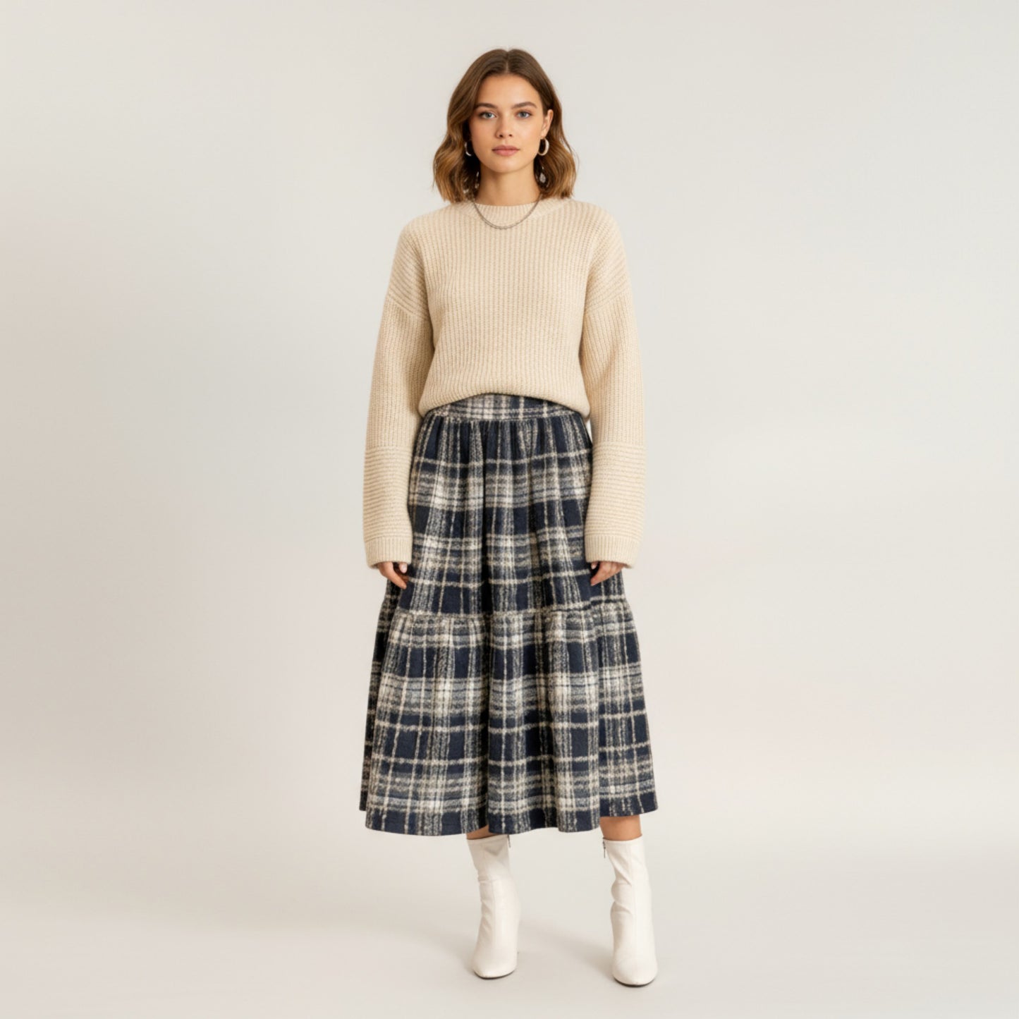 High Waist Plaid Midi Skirt with Soft Textured Fabric and Tiered A-Line Silhouette