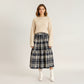 High Waist Plaid Midi Skirt with Soft Textured Fabric and Tiered A-Line Silhouette