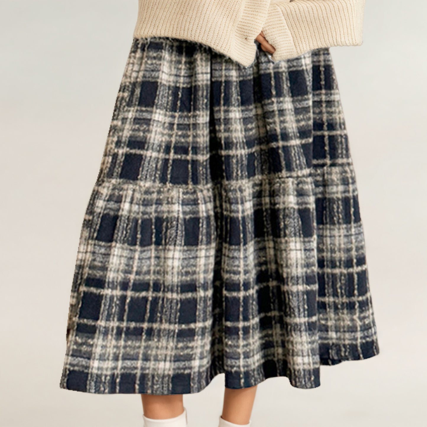 High Waist Plaid Midi Skirt with Soft Textured Fabric and Tiered A-Line Silhouette