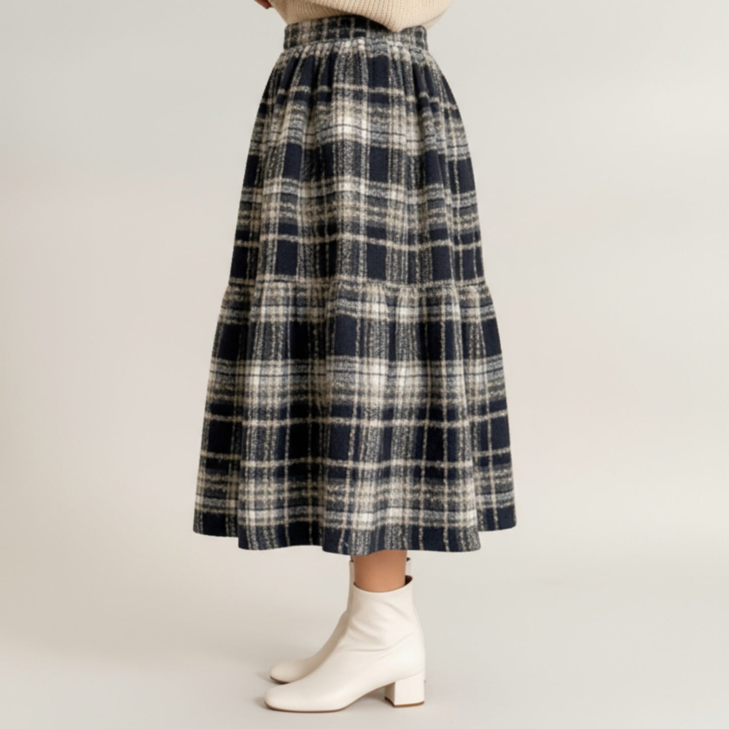 High Waist Plaid Midi Skirt with Soft Textured Fabric and Tiered A-Line Silhouette