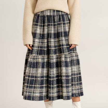 High Waist Plaid Midi Skirt with Soft Textured Fabric and Tiered A-Line Silhouette