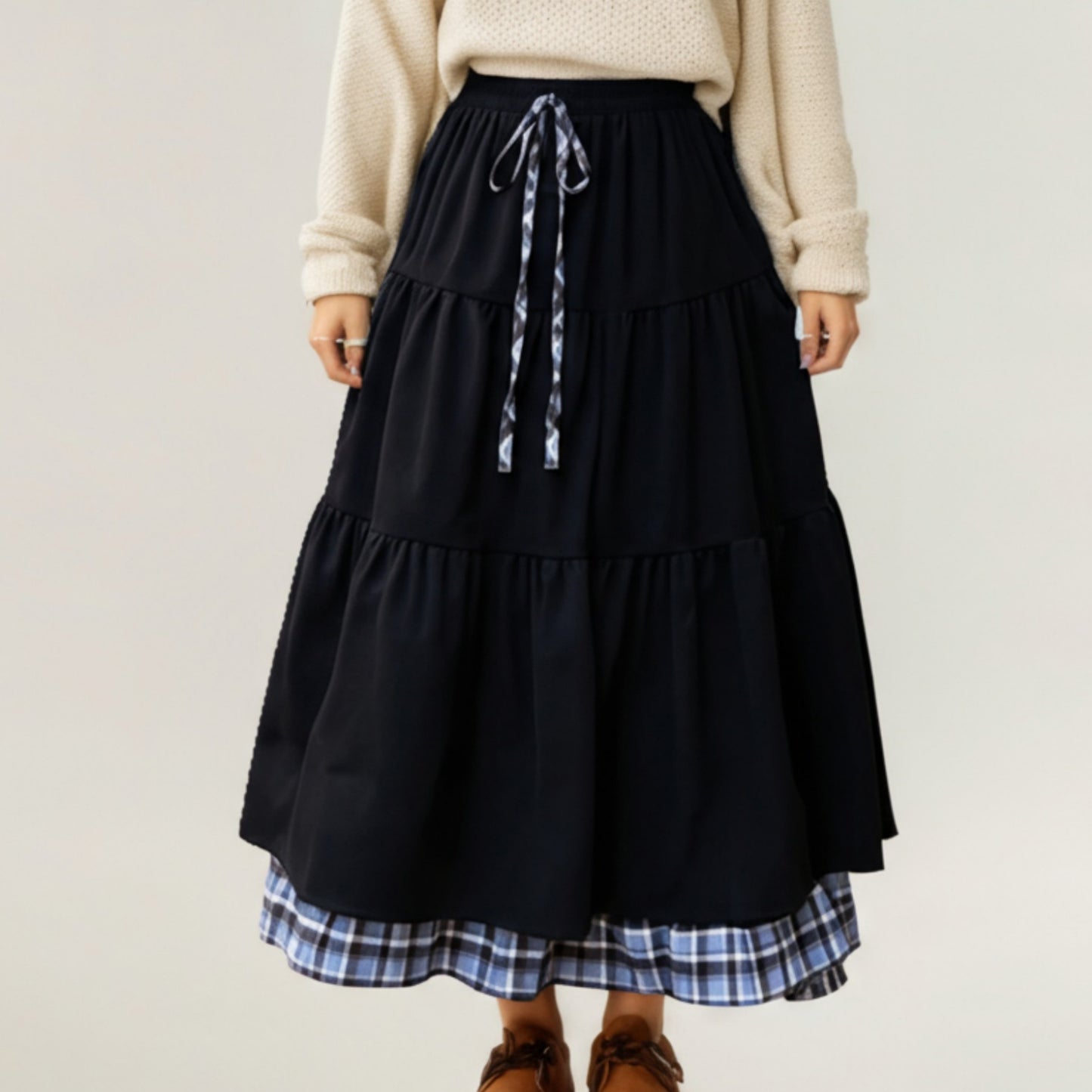 Tiered Midi Skirt with Adjustable Drawstring Waist and Layered Plaid Hem Detail for Soft Flowing Movement and Comfort