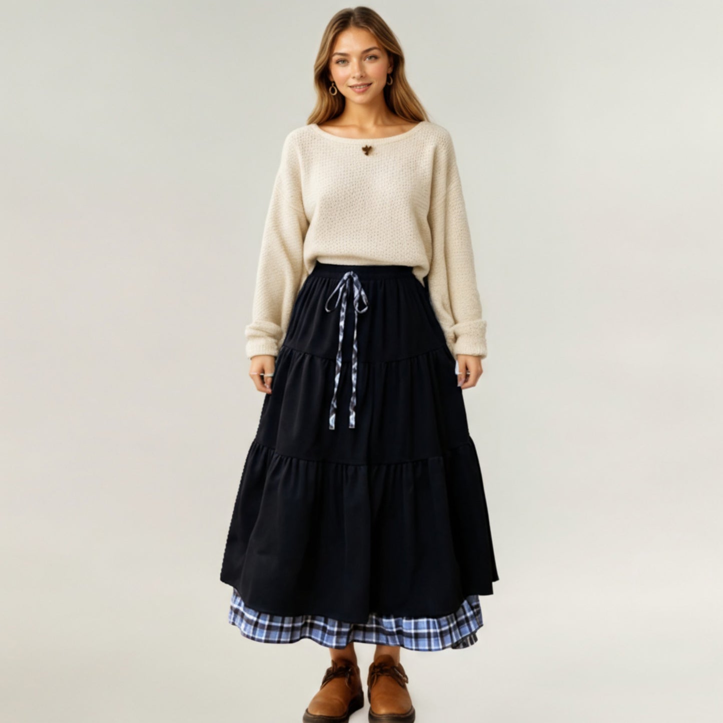 Tiered Midi Skirt with Adjustable Drawstring Waist and Layered Plaid Hem Detail for Soft Flowing Movement and Comfort