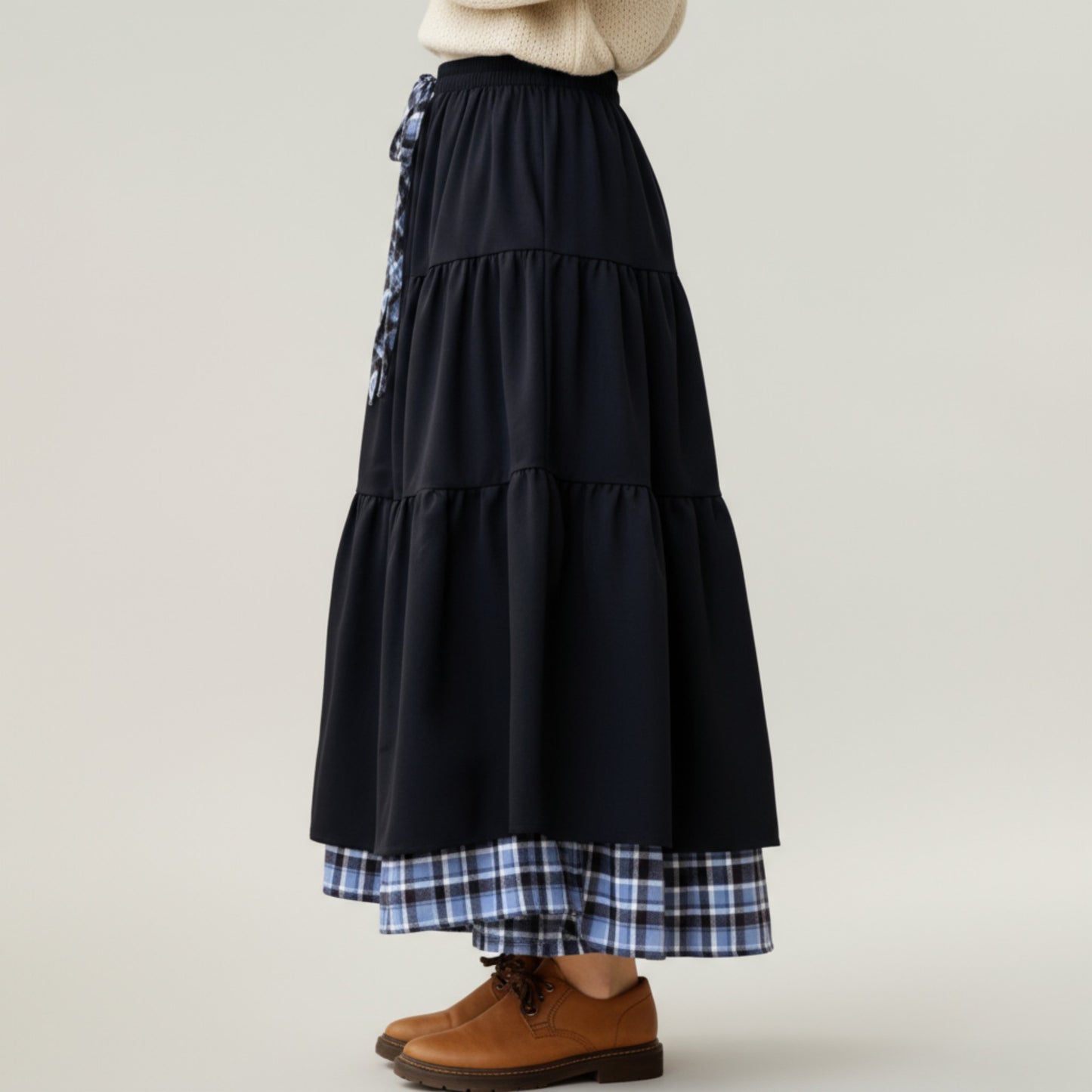 Tiered Midi Skirt with Adjustable Drawstring Waist and Layered Plaid Hem Detail for Soft Flowing Movement and Comfort