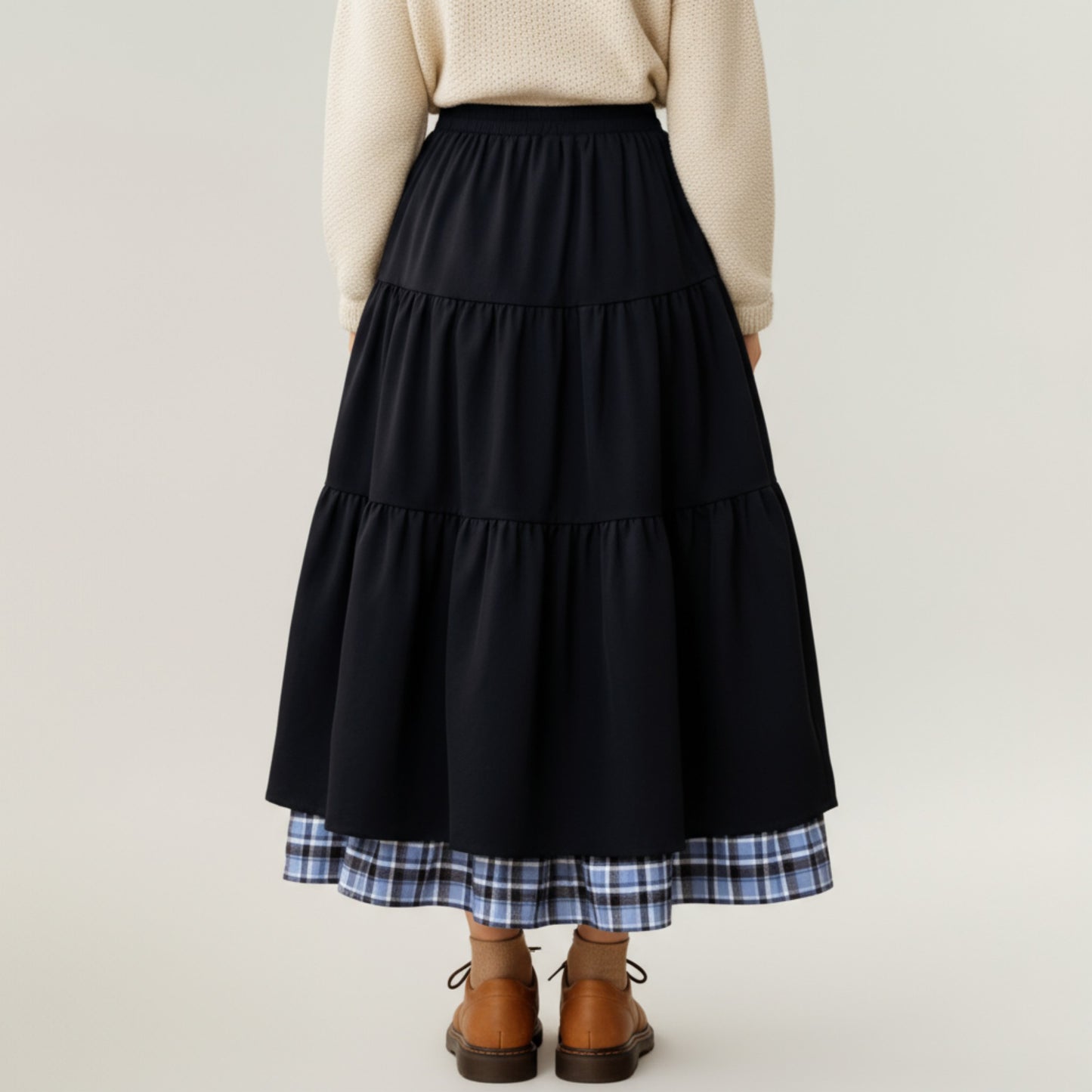 Tiered Midi Skirt with Adjustable Drawstring Waist and Layered Plaid Hem Detail for Soft Flowing Movement and Comfort